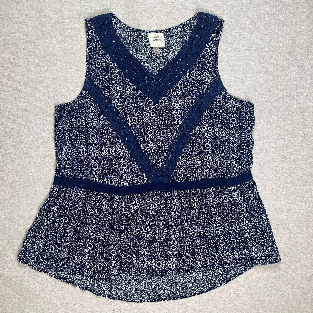 Knox Rose | Navy & White Sleeveless Floral Lace Detail Sleeveless Top | Large